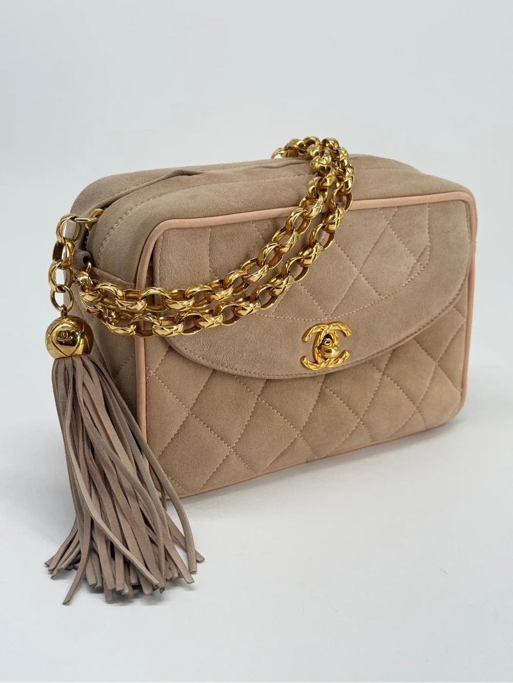CHANEL Quilted Tassel CC Camera Bag Case In Pink Suede
